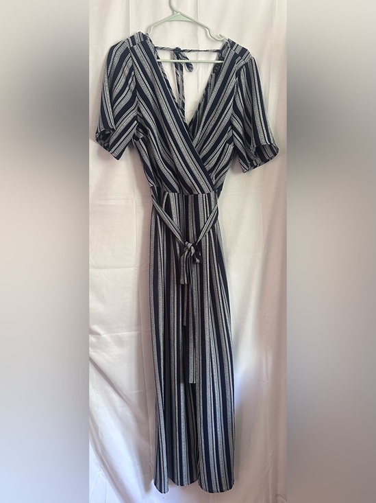 Trixxi Pants - Trixxi Navy & White Striped Wrap-Front Jumpsuit with Tie Waist